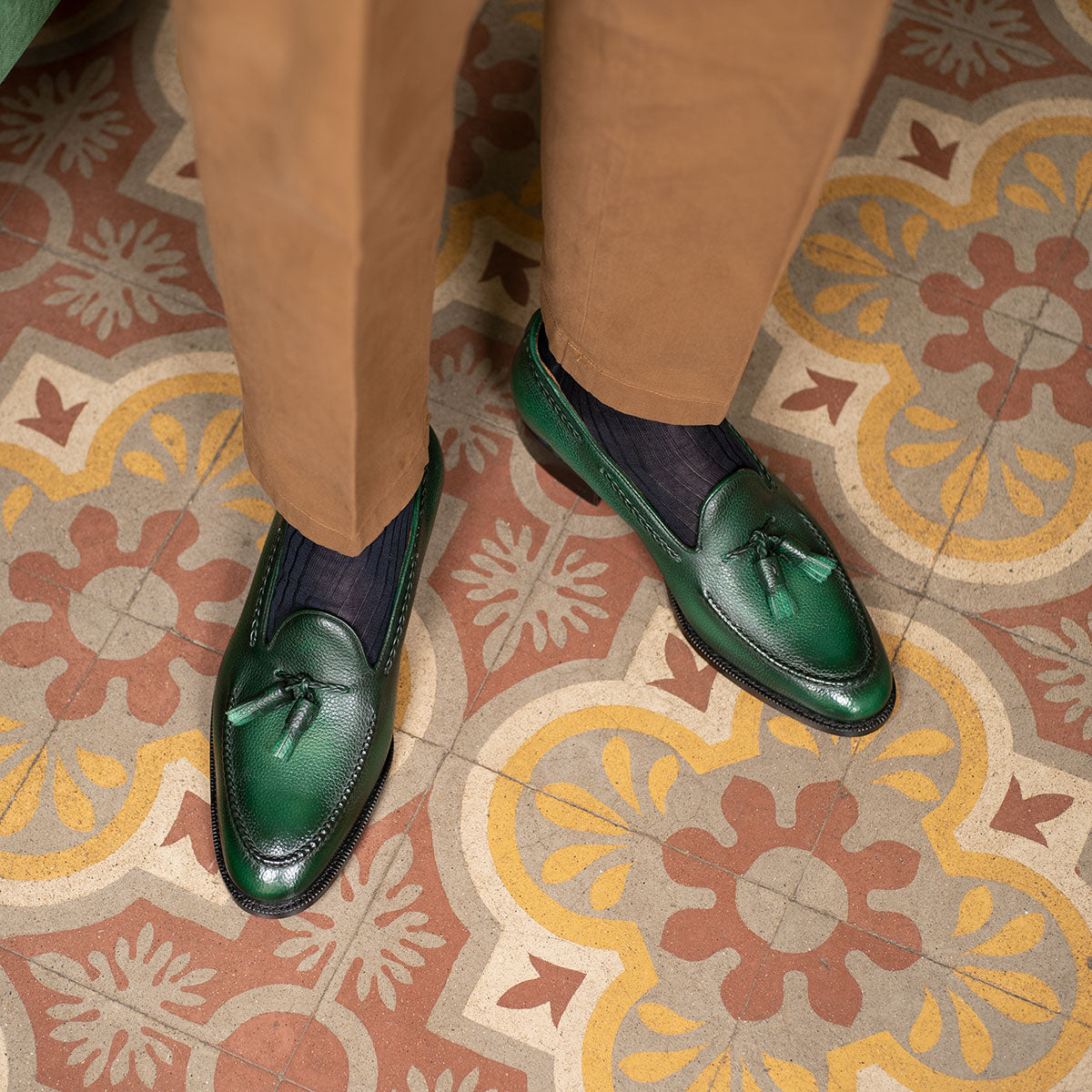 Men\'s Palladio Tassel Slip-On Loafers in Light Olive Textured Leather Sagan Classic Tassel Loafers in Olivine Green Asteria Suede  main image 4