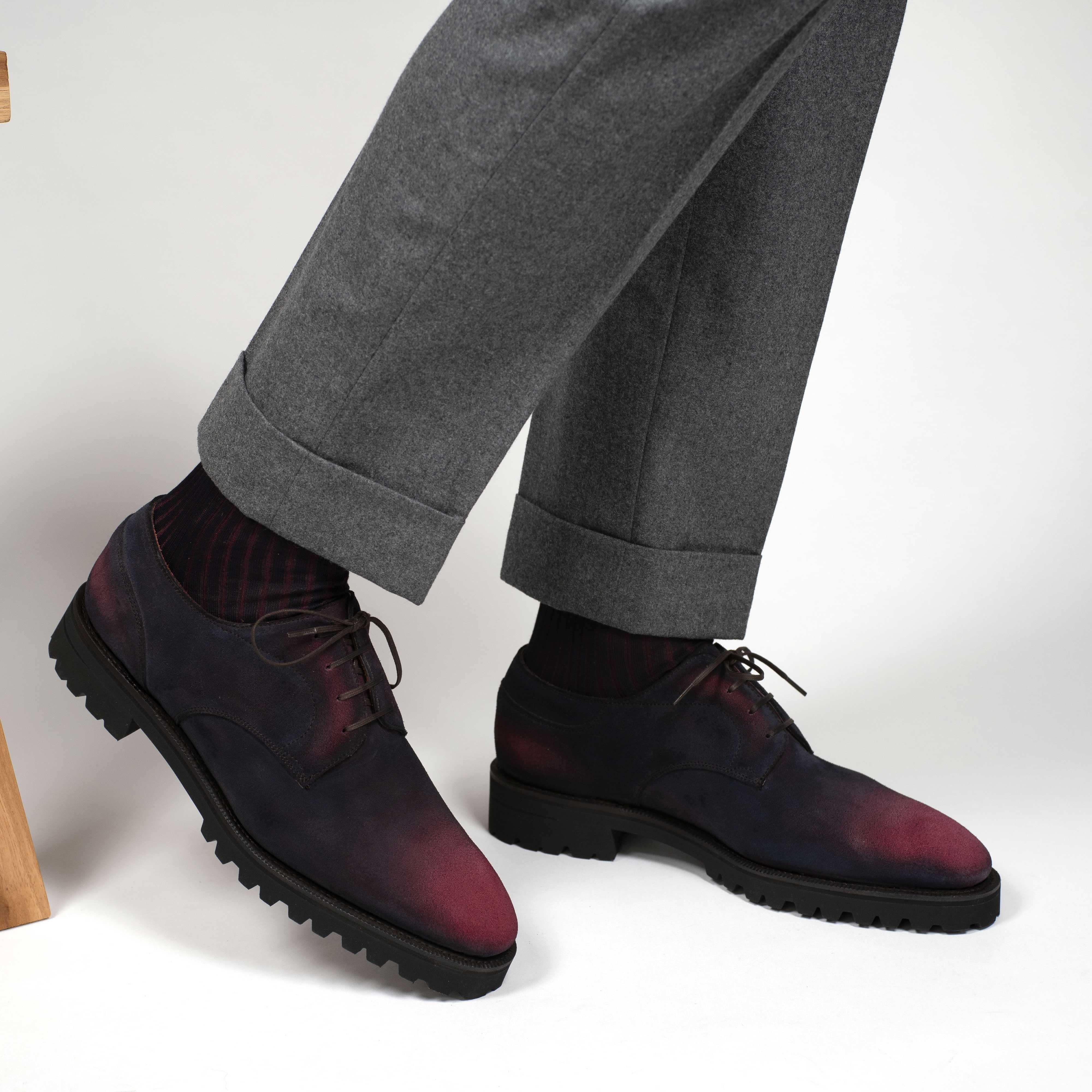 Derby Simple Shoe - Black & Bordeaux Patina on Suede