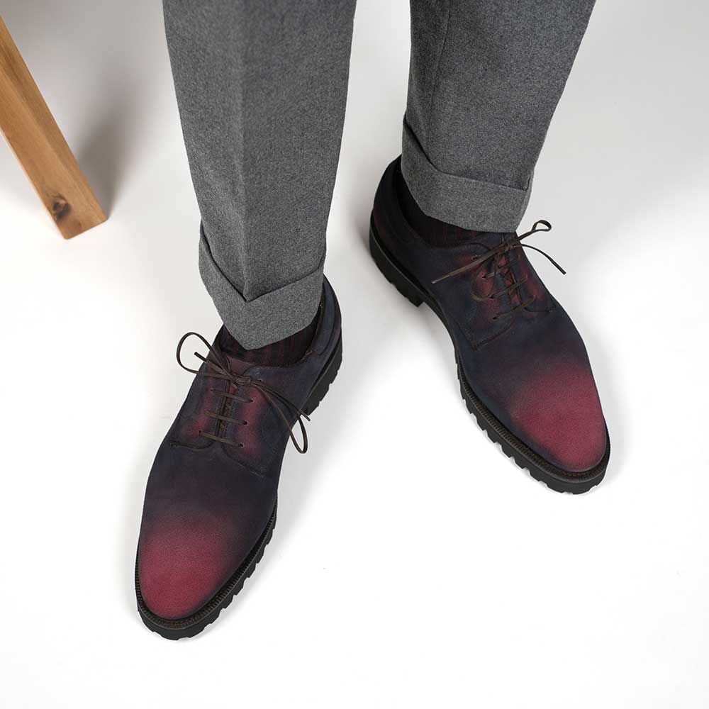 Derby Simple Shoe - Black & Bordeaux Patina on Suede