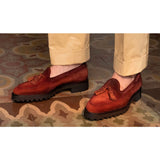 Dirty red suede tassel loafer by Norman Vilalta Bespoke Shoemakers
